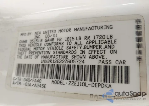 2002 Toyota Corolla Ce/Le/S из США, поврежденный, VIN 1NXBR12E22Z605724